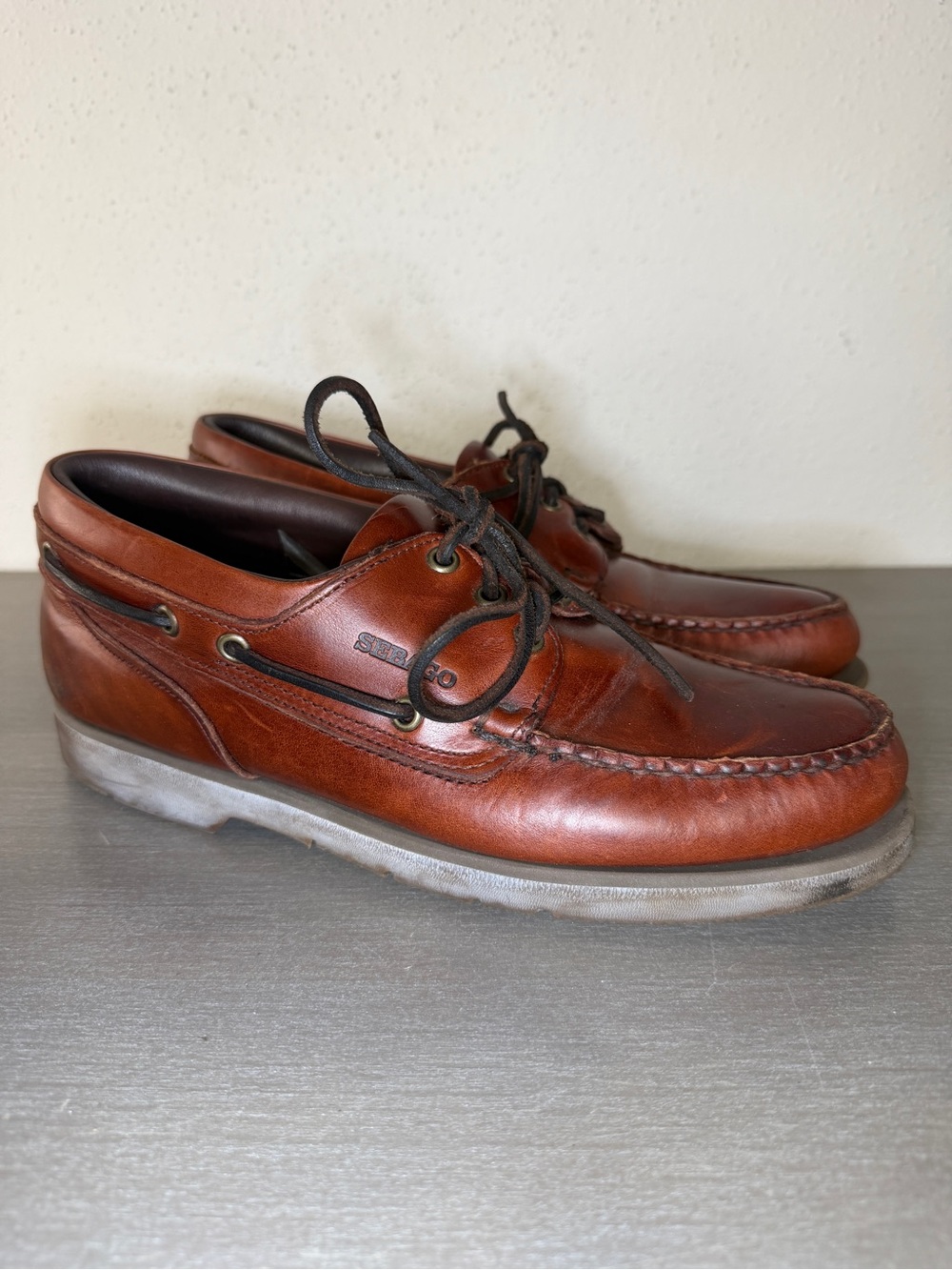 Sebago Men's Brown Leather Boat Shoes Lace-Up Comfort Rubber Sole US 9.5 M